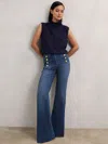 Reiss Mid Blue Petite Button-detail High-rise Flared Jeans