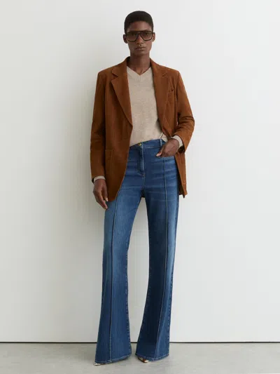 Reiss Mid Blue Petite Pintuck-detail Flared Jeans In Brown