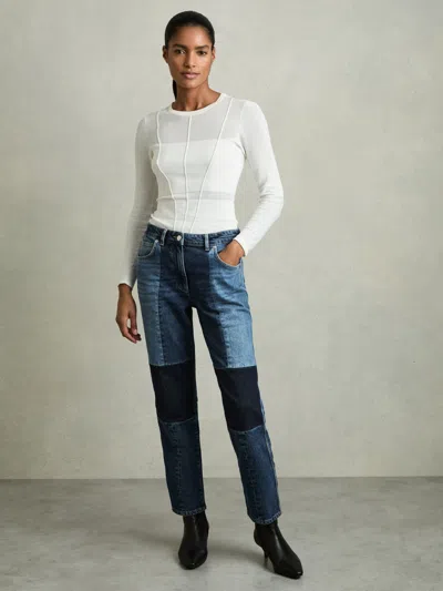 Reiss Mid Blue Petite Straight-leg Patchwork Jeans