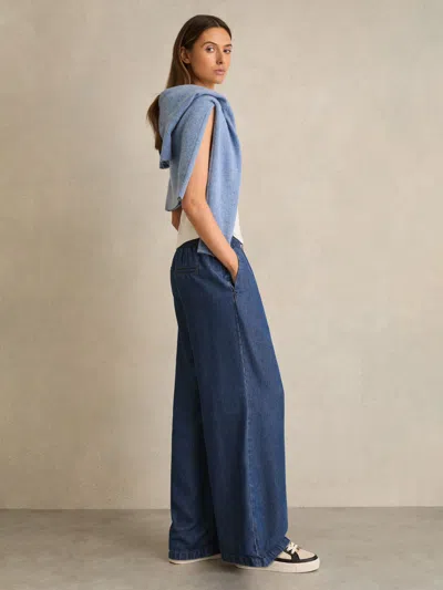Reiss Mid Blue Petite Wide-leg Chambray Drawstring Trousers
