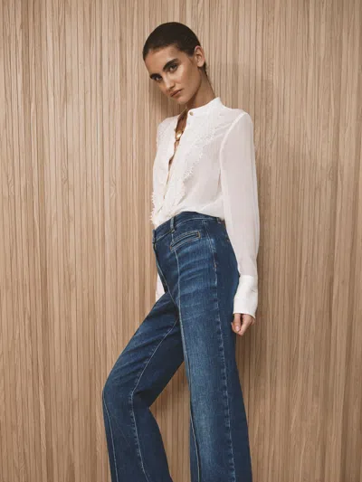 Reiss Mid Blue Pintuck-detail Flared Jeans In White