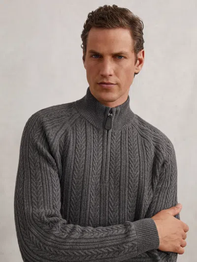 Reiss Mid Grey Melange Cable-knit Half-zip Jumper With Wool In Gray