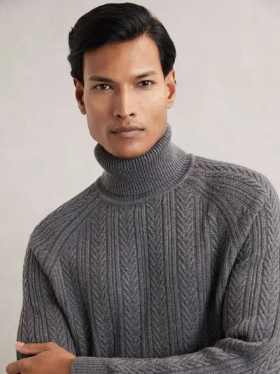 Reiss Mid Grey Melange Cable-knit Roll-neck Jumper With Wool In Animal Print