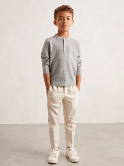Reiss Mid Grey Melange Cotton Blend Rib Knit Henley Top In Gray