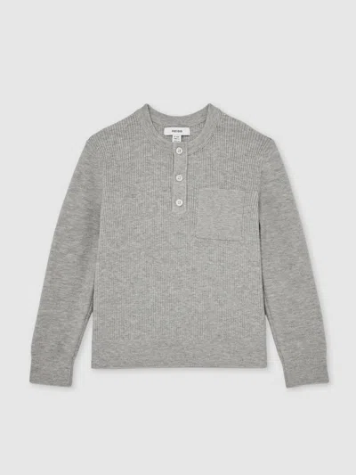 REISS MID GREY MELANGE COTTON BLEND RIB-KNIT HENLEY TOP