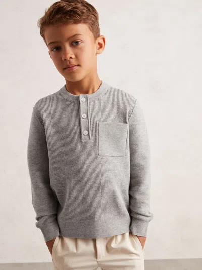 REISS MID GREY MELANGE COTTON BLEND RIB KNIT HENLEY TOP