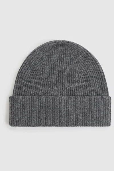 REISS MID GREY MELANGE MERINO WOOL RIBBED BEANIE HAT 