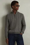 Reiss Mid Grey Melange Tamworth Cabled Zip-neck Jumper With Cotton And Wool In Mid Grey Melange
