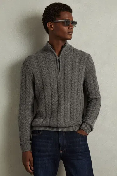 Reiss Mid Grey Melange Tamworth Cabled Zip-neck Jumper With Cotton And Wool