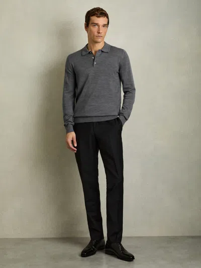 Reiss Mid Grey Melange Trafford Merino Wool Polo Shirt In Gray