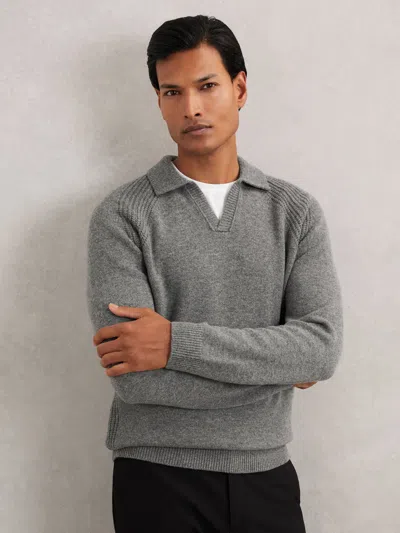 Reiss Mid Grey Melange Wool-cashmere Open-collar Jumper In Gray
