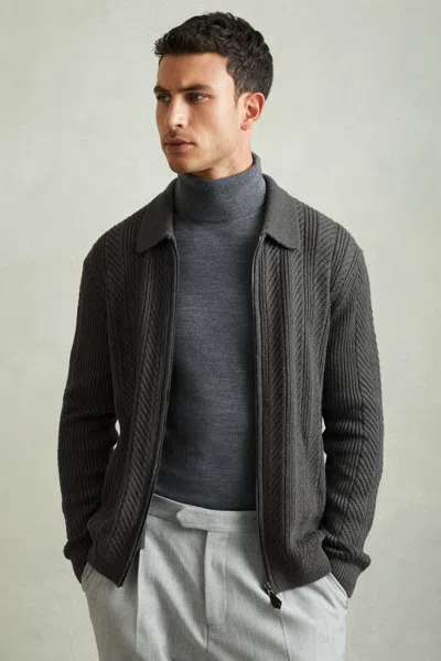 Reiss Mid Grey Melange Zip Through Cabled Jumper With Cotton And Wool