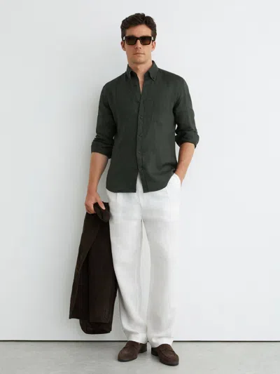 Reiss Queens Long Sleeve Button Down Linen Shirt In Green