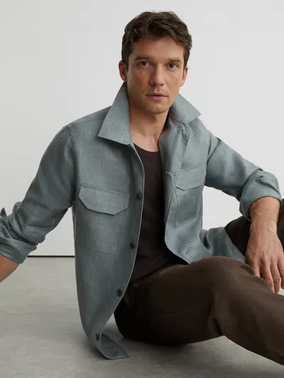 Reiss Midnight Green Polasio Linen Herringbone-stripe Regular-fit Shirt In Blue