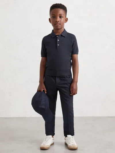 Reiss Kids' Midnight Navy 3-9 Yrs Merino Wool Short Sleeve Polo Shirt In Black