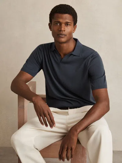 REISS MIDNIGHT NAVY MERINO WOOL OPEN COLLAR POLO SHIRT