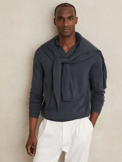 Reiss Midnight Navy Merino Wool Open-collar Polo Shirt In Gray