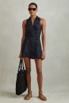 Reiss Navy Linen Double Breasted Belted Playsuit In Navy