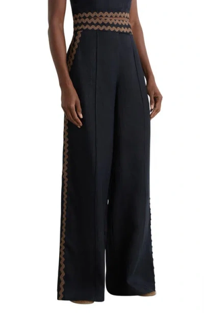 Reiss Womens Linen Wave Trim Cropped Cami Top Womens Linen Wave Trim Wide Leg Trousers In Black