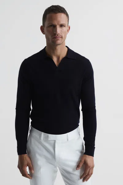 Reiss Milburn - Navy Merino Wool Open Collar Polo Shirt, S