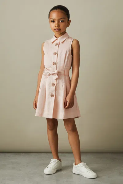 Reiss Milena - Pink Viscose-linen Belted Collared Dress, Age 5-6 Years
