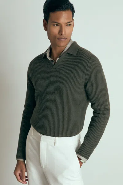 Reiss Military Green Atelier Ribbed-cashmere Polo Shirt