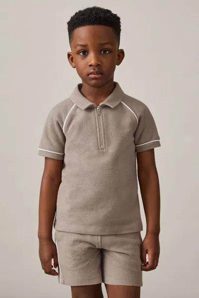 Reiss Mink Brown Cotton Textured Half-zip Polo Shirt