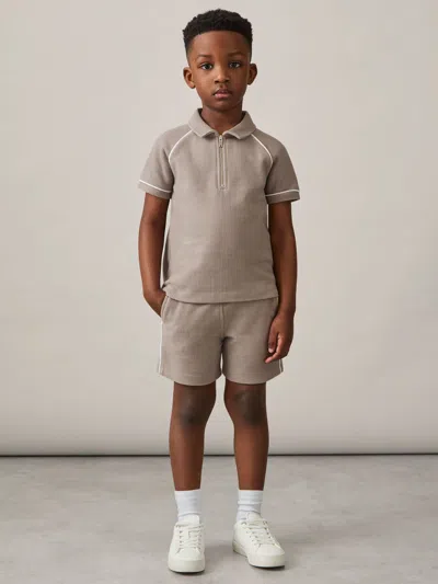 Reiss Mink Brown Cotton Textured Half-zip Polo Shirt