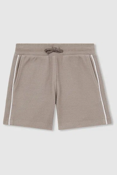 Reiss Mink Brown Cotton Textured Piped Shorts