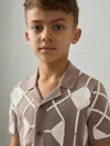 Reiss Kids' Mink Brown/ Off White 9-13 Yrs Geometric Embroidery Knit Shirt