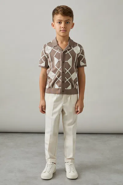 Reiss Mink Brown/ Off White Geometric Embroidery Knit Shirt In Multi