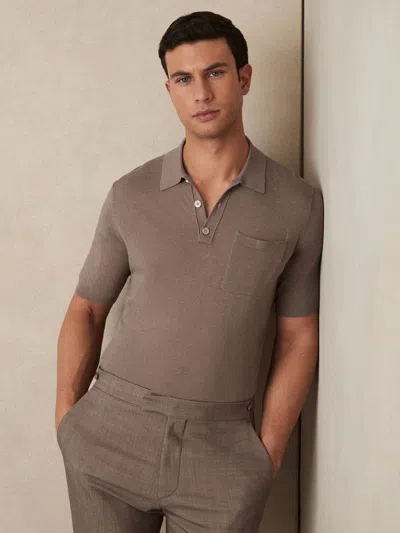 Reiss Mink Brown Patch Pocket Knit Polo Shirt In Gold