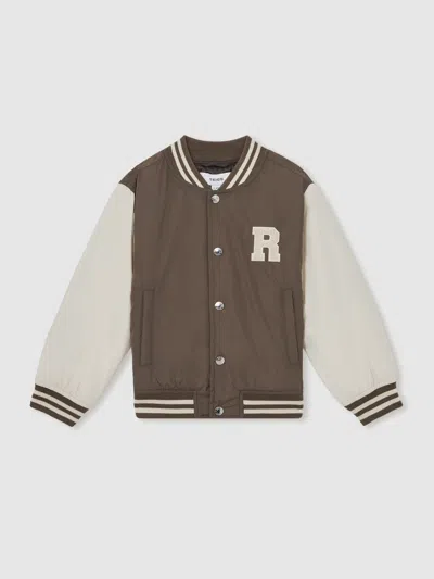REISS MINK BROWN/OFF WHITE ARKAN 3-9 YRS COLOUR-BLOCK VARSITY BOMBER JACKET