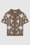 Reiss Mink Brown/off White Geometric Embroidery Knit Shirt In Multi