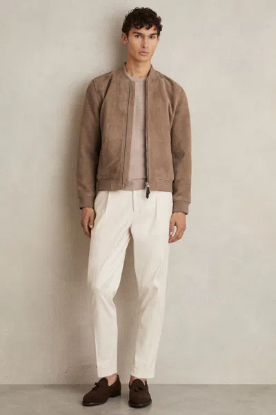 Reiss Mink Leather-sleeve Suede Brick Bomber Jacket