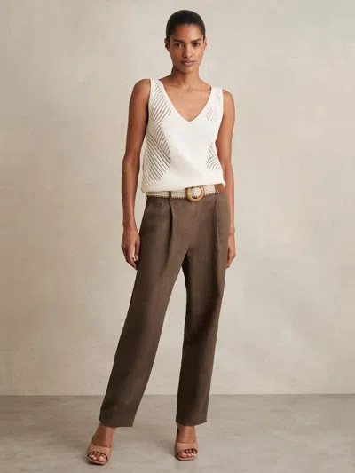 Reiss Mink Neutral Linen Belted Tapered Trousers In Brown
