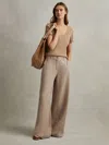 Reiss Mink Neutral Linen Wide Leg Garment Dyed Trousers In Brown