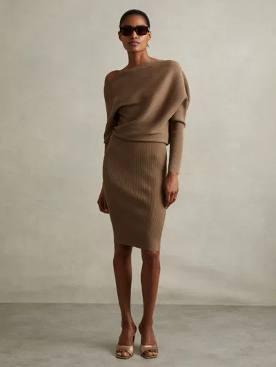 Reiss Mink Off-the-shoulder Ribbed Midi Dress In Brown