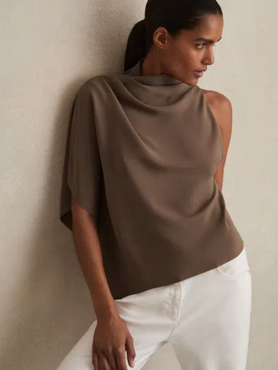 Reiss Mink One-shoulder Draped Top In Brown