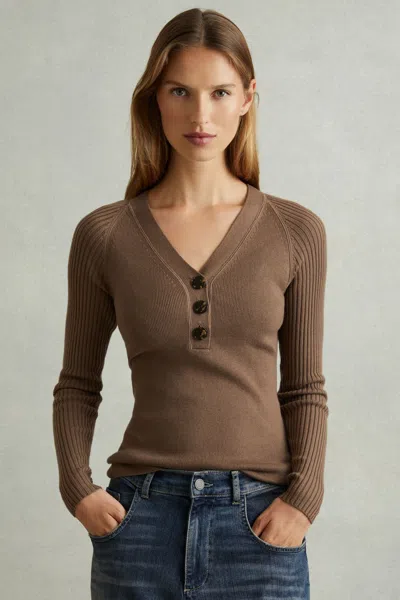 Reiss Mink Ribbed Sleeve Jumper In Mink
