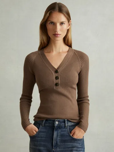Reiss Mink Ribbed Sleeve Jumper In Brown