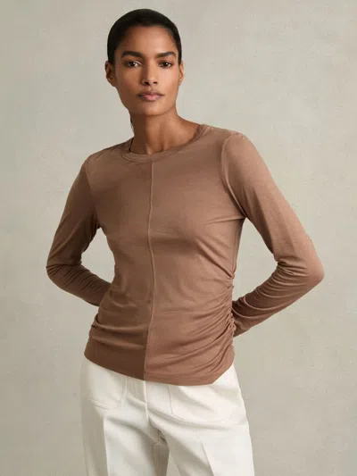 Reiss Mink Ruched Side Crew-neck Top In Brown