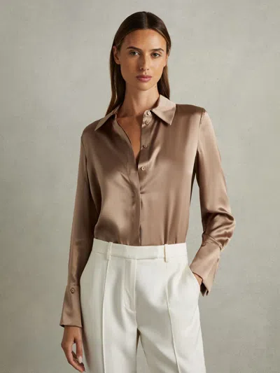 Reiss Mink Silk Shirt In Brown