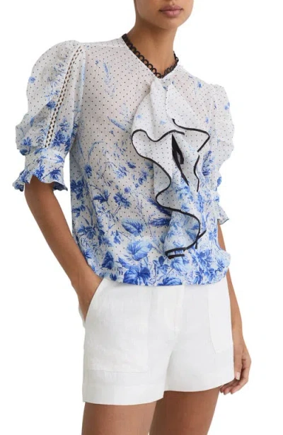 Reiss Minni Floral Ruffle Top In Blue