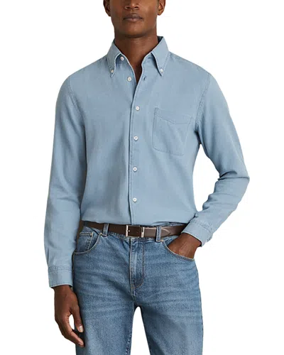 Reiss Minoa Chambray Pique Jersey Button Down Shirt In Washed Blue