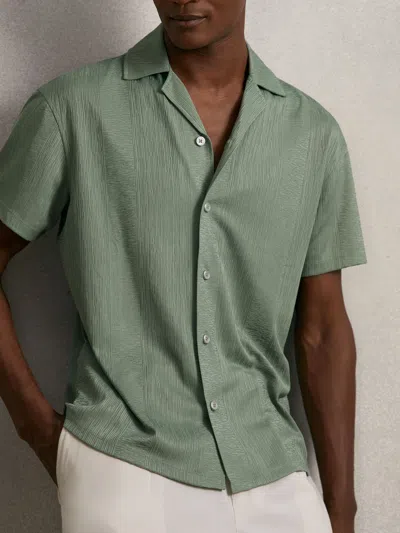 Reiss Mint Green Jacquard-stripe Cuban-collar Shirt