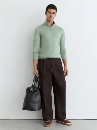 Reiss Minty Sage Green Merino Wool Half-zip Funnel-neck Jumper