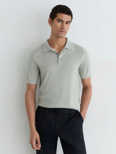 Reiss Minty Sage Green Merino Wool Short-sleeve Polo Shirt