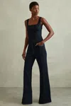 Reiss Mirabelle Square-neck Corset Linen Top In Navy
