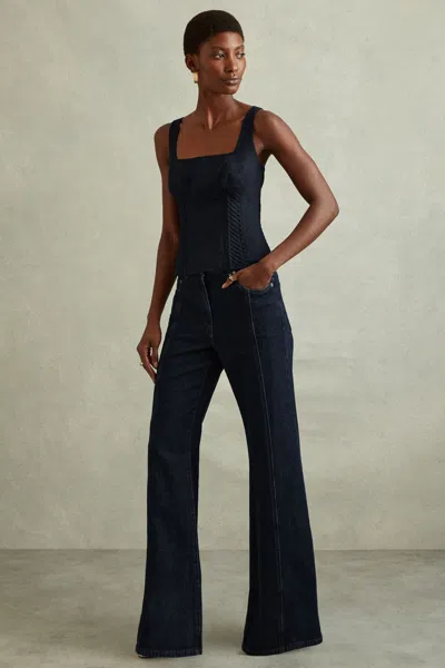 Reiss Mirabelle Square-neck Corset Linen Top In Navy